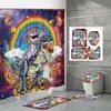 Cortina de Ducha Divertida de Dinosaurio y Unicornio Juego de Cuatro Piezas Alpaca Espacial Impresión Digital Cortina de Ducha Impermeable para Baño y Alfombrilla de Piso