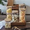 Frasco de Vidrio Cuadrado con Tapa de Madera, Frasco de Almacenamiento de Vidrio de Borosilicato Alto, Caja de Almacenamiento para Especias, Frasco para Condimentos, Frasco de Café Sellado a Prueba de Humedad