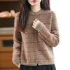 Cardigan de Tricô Jacquard Feminino Retrô Puro Lã Gola Redonda Manga Longa Outono Inverno Novo 25 Anos Loose Quente Jaqueta Top