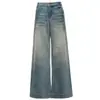 Yechuan # Calça Jeans Feminina de Cintura Baixa, Solta e de Perna Larga, Estilo Americano Lavada e Desgastada, Tamanho Petite, Calça Reta com Grafite Salpicado.