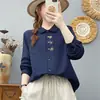 Camisa de manga larga divertida estilo japonés con cuello bordado para mujer, estilo artístico, algodón puro suave, agradable para la piel, top de gasa de algodón de doble capa