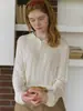 ¡ChuWu STUDIO! Camisa Polo de punto hueco color blanco roto vintage, suéter versátil para otoño, top de manga larga adelgazante