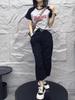 24221 Daaimaiyiyuan Verão 2025 Nova T-shirt Estilo Coreano com Estampa de Letras Calça Reta Emagrecedora Moda Feminina