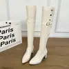 Botas de cuero únicas plegables de dos vías con tacones gruesos, botas de caña alta, botas de montar a la moda de punta fina ajustadas, botas casuales de tacón alto hasta la rodilla