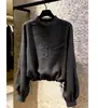 Camisa Fashion com Manga Lanterna para Mulheres 2026 Elegante para o Trabalho Temperamento Cinza Cordão na Cintura Ajustado Top de Nicho