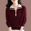 Suéter de Tricô Meia-Zip com Gola Reversível Estilo Novo Primavera e Outono 2026 para Mulheres, Caimento Solto, Camada Base que Cobre a Barriga, Estiloso