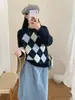Suéter de Tricô Jacquard com Padrão de Diamante Color-Block Retrô para Mulheres, Novo Estilo Coreano Solto e Gentil Estilo College para Outono e Inverno