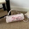 Bolsa de mão fashion e doce estilo coreano com laço e poá, compacta e estilosa, elegante bolsa transversal cilíndrica