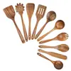 Espátula Pequeña de Madera de Acacia, Espátula de Madera para Sartén Antiadherente, Cuchara Sopera de Madera con Mango Largo, Cuchara Pequeña de Madera para Arroz, Juego de Espumadera para Fideos de Madera de Teca