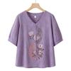 Conjunto de Dos Piezas de Camisa con Cuello en V de Verano para Mujeres de Mediana Edad y Mayores, Nuevo Estilo Conjunto de Algodón Estampado de Manga Corta para Abuela