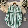 2023 Verano Primavera Otoño Nueva Chaqueta Camisa Multicolor de Rayas Verticales de Longitud Media para Mujer Estilo Coreano Casual Holgada