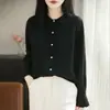 Cárdigan de punto simple y ligero con cuello polo para mujer, con un diseño de estilo francés, mangas acampanadas y tejido de punto fino, perfecto para otoño