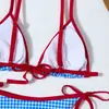 Nuevo Traje de Baño de Dos Piezas Estilo Europeo y Americano para Mujer, Bikini Sexy de Cuadros con Lazo, Traje de Baño Lindo de Comercio Exterior Transfronterizo para Mujeres