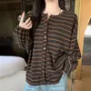 Chaqueta cárdigan K2719 estilo retro perezoso con bloques de color a rayas y mangas de farol para mujer, top casual holgado de manga larga para otoño e invierno