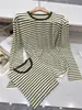 [En Stock] Top de Punto Rayado de Manga Larga Mezcla de Lino Lyocell Camiseta de Manga Larga