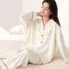Pijama de primavera y otoño para mujer, algodón elástico, casual, se puede usar afuera, cárdigan con cuello de solapa, ropa de casa de manga larga, traje fino de otoño