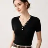 Simples e elegante~Suéter feminino de gola V de manga curta 100% caxemira pura botões malha canelada macia slim fit