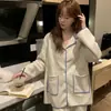 Pijama casual de otoño estilo coreano para mujer, color liso, con ribete azul, corte holgado, cálido, de manga larga y pierna larga, adecuado para usar en casa
