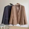 Blazer Patchwork de Organza com Decote V de Algodão e Linho para Mulheres, Outono 2026, Estilo Elegante para o Dia a Dia com Fitas Elegantes