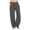 Amazon 2023 Nuevos Pantalones Casuales para Mujer de Talla Grande Europeos y Americanos Color Sólido Algodón Lino Holgados Cintura Alta Pantalones de Pierna Ancha con Cordones
