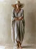 Vestido Casual de Lino con Cuello en V y Mangas de Murciélago 2026, Corte Holgado, Dobladillo Ancho, Estilo Vacacional, Vestido Largo Casual y Favorecedor