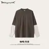 Secado en Calle 2025 Otoño Marca de Moda Americana Derong Camiseta de Empalme Perezoso Cepillada de Color Contrastante de Manga Larga para Hombre
