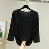 Camiseta de Sete Mangas Modal de Estilo Coreano Feminina Outono Decote V Slim-fit Base Camisa Solta para Todos os Combos Cor Sólida Top