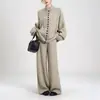 Conjunto casual retro de punto trenzado transfronterizo para mujer, nuevo conjunto de dos piezas para otoño e invierno: cárdigan grueso de un solo botón y pantalones de pierna ancha