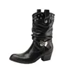 Botas Western Retrô Marrom Rebite Meia-Canela Outono/Inverno Novo Salto Bloco Bico Redondo Salto Médio Confortável Versátil Botas Femininas