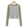Chicas Calientes Otoño Nuevo Vintage Ajustado Manga Raglán Combinación de Colores Camiseta de Mujer Cuello Redondo Manga Larga Camiseta Base Top