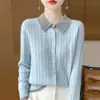26 Nuevo Estilo Primavera y Otoño Cárdigan 100% Lana Pura para Mujer con Solapa, Bloques de Color, Suéter Bordado, Chaqueta de Punto de Cachemira Holgada