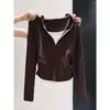 Top com capuz em cor contrastante preto e branco de outono para mulheres, camiseta de manga longa com zíper parcial e cordão para ajuste na cintura, estilo duas peças falsas