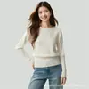 Suéter de punto con cuello de una línea y mangas acampanadas, jersey versátil de color liso, corte ajustado, nueva colección de punto para mujer