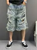Estilo Calle Americano Doble Cintura Desgastados Amarillo Lodo Tie-Dye Rasgados Cortos Jeans Hombres y Mujeres Sentido del Diseño Holgados Shorts Tendencia