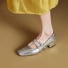 Zapatos Mary Jane Retro Franceses Plateados Suaves con Correa y Punta Cuadrada Tacón Grueso para Mujer Primavera y Otoño Zapatos de Tacón Medio Cómodos