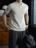 Relaxamento de Férias~ Tricô Masculino de Linho Lyocell Verão Gola Lapela Três Botões Manga Curta Cor Sólida de Alta Qualidade