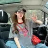 Camiseta de Algodón Puro con Graffiti de Corazón de Dopamina para Adelgazar para Mujer, Popular Color Bloqueado Cuello Redondo Corte Holgado para Tallas Grandes, Top Moderno que Disimula la Barriga