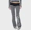 Conjunto de moletom com capuz e calça listrados retrô transfronteiriço para mulheres, apresentando um design estilo INS com cintura baixa e pernas levemente flare, perfeito para um look Y2K moderno