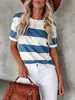 Nova Camiseta Casual de Verão com Listras Estampadas e Gola Redonda de Manga Curta, Moda Transfronteiriça Europeia e Americana para Mulheres