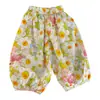 Conjunto de Verano para Niña 2026 Nuevo Dulce y Fresco Amarillo Crema Encaje Cuello Cuadrado Manga Corta Floral Pantalón Anti-Mosquitos Conjunto de Dos Piezas