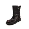 Elegantes Botas Martin de Piel de Vaca con Doble Hebilla 2026 Otoño/Invierno Tacón Grueso Medio Punta Redonda Versátiles Botas de Cuero Genuino de Media Pantorrilla para Mujer