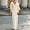 Novo Vestido Feminino Outono 2026, Dropshipping Europeu e Americano Transfronteiriço, Elegante Vestido de Cor Sólida com Decote em V Profundo e Ajuste na Cintura