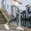 Novas calças de algodão e linho estilo chinês masculinas de verão finas folgadas perna larga calças de algodão e linho harém casuais calças simples de nove pontos masculinas