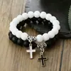 Pulsera de 8 mm Pino Blanco Piedra Volcánica Set de Pulseras para Pareja Transfronterizo Caliente Colgante de Cruz Pulsera Elástica