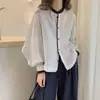 Nuevo top de moda otoñal único y súper elegante, camisa de rayas de manga larga tipo linterna con cuello redondo, blusa elegante de estilo coreano de alta gama