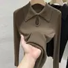 Elegante Tejido de Manga Larga para Mujer, Top con Solapa, Nuevo Estilo Otoño Temprano 2026, Camisa Base Chic con Corte, Camisa Polo, Suéter