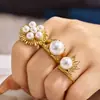Joyería Estilo Europeo y Americano Concha Geométrica Perla Circonita Juego de Anillos Abiertos Ins Exagerado Accesorios para Manos de Celebridad de Internet para Mujeres Acero Inoxidable Oro de 18K