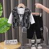 Traje de primavera y otoño para niños 2025, nuevo y atractivo vestido de primavera para niños de 1 a 3 años, conjunto de tres piezas con chaleco vertical para bebés de 4 años.