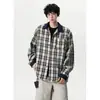 Camisa Casual Retrô Tendência para Homens, Manga Longa, Design Versátil, Camisa Xadrez de Primavera Falsa de Duas Peças Americana