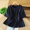 Nova camisa feminina de verão versátil, gola redonda, manga curta, abotoamento simples, com design de cardigã, roupas casuais femininas, versátil